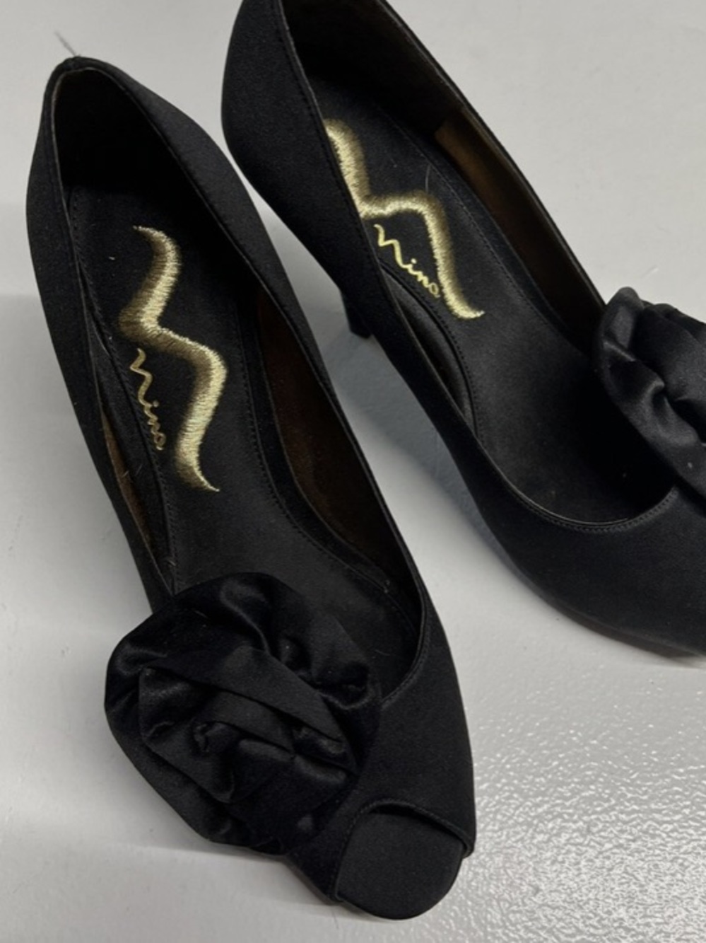 NINA Black Satin Peep-Toe Special Occasion Heels